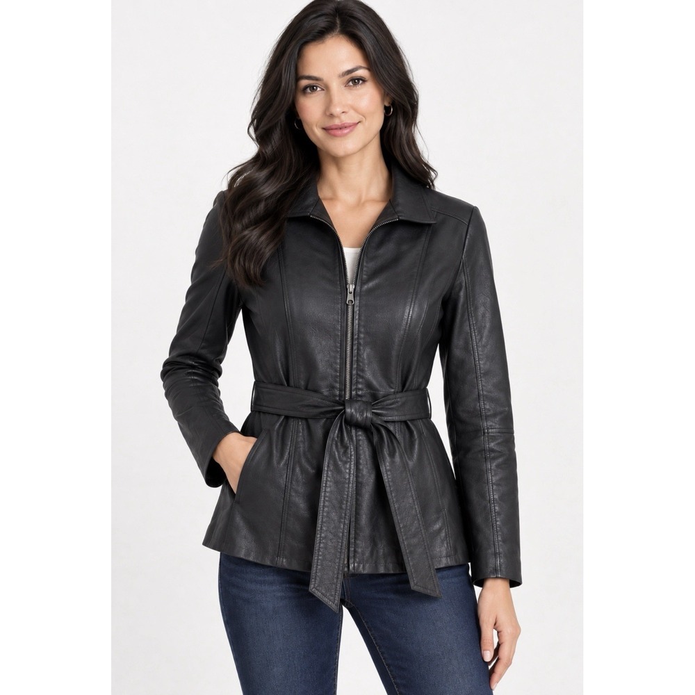 NEW! Croft & Barrow 100% Leather Jacket Full Zip with Belt Black SZ S